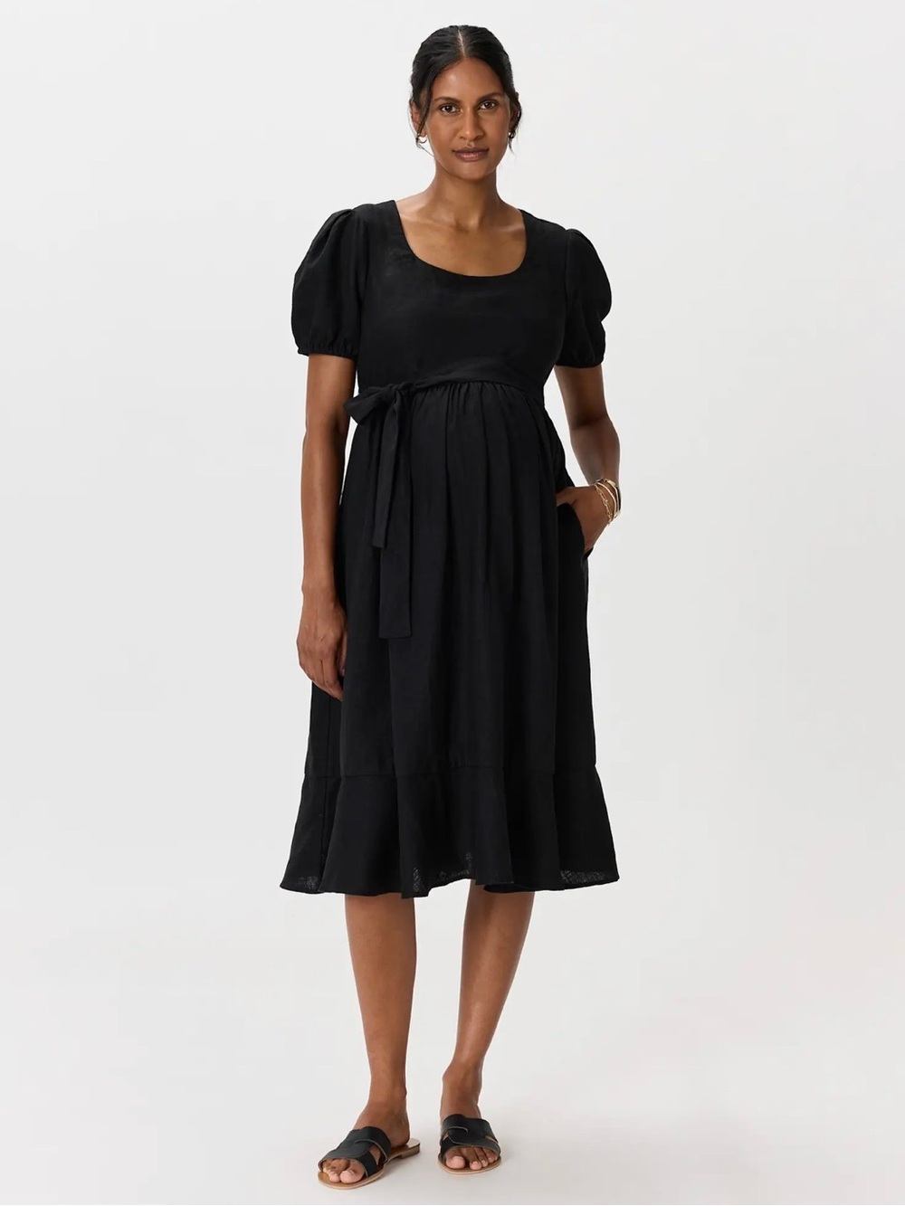 Quince 100% European Linen Maternity Short Sleeve Midi Dress